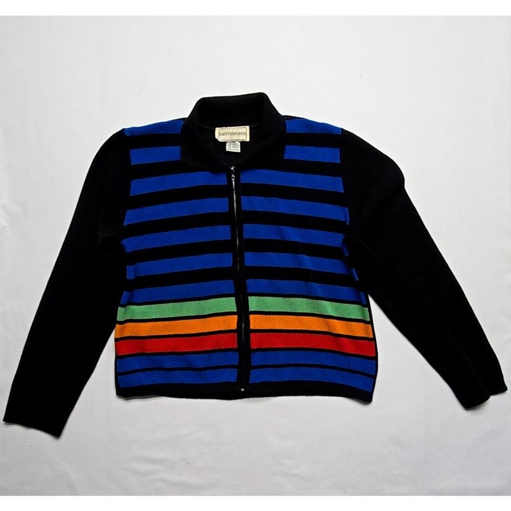 Vintage Karin Stevens Sweater Striped Rainbow Womens Black L Full Zip Cardigan